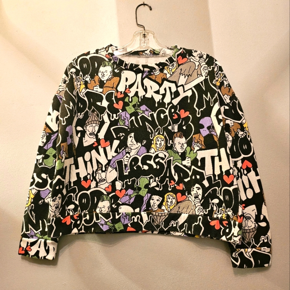 Vintage Graffiti Think Less Graphic Short Crewneck Sweater | Size Medium